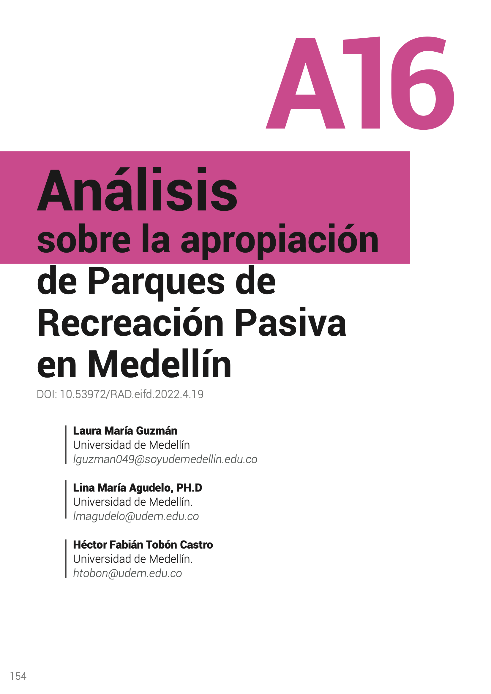 Análisis sobre la apropiación de Parques de Recreación Pasiva en Medellín